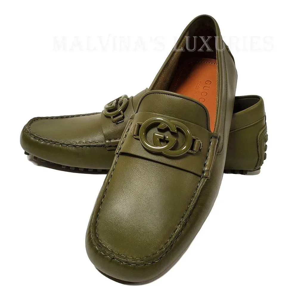 GUCCI SHOES MENS LOAFERS MOCCASINS G LOGO GREEN LEATHER sz 9G 9.5